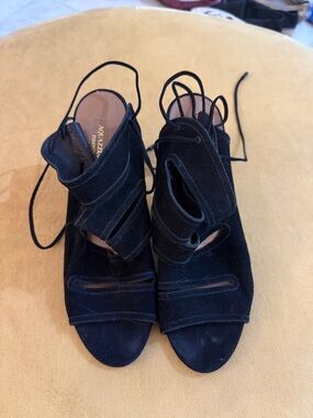 Aquazzura Black Suede Lace-Up Peep-Toe Heels